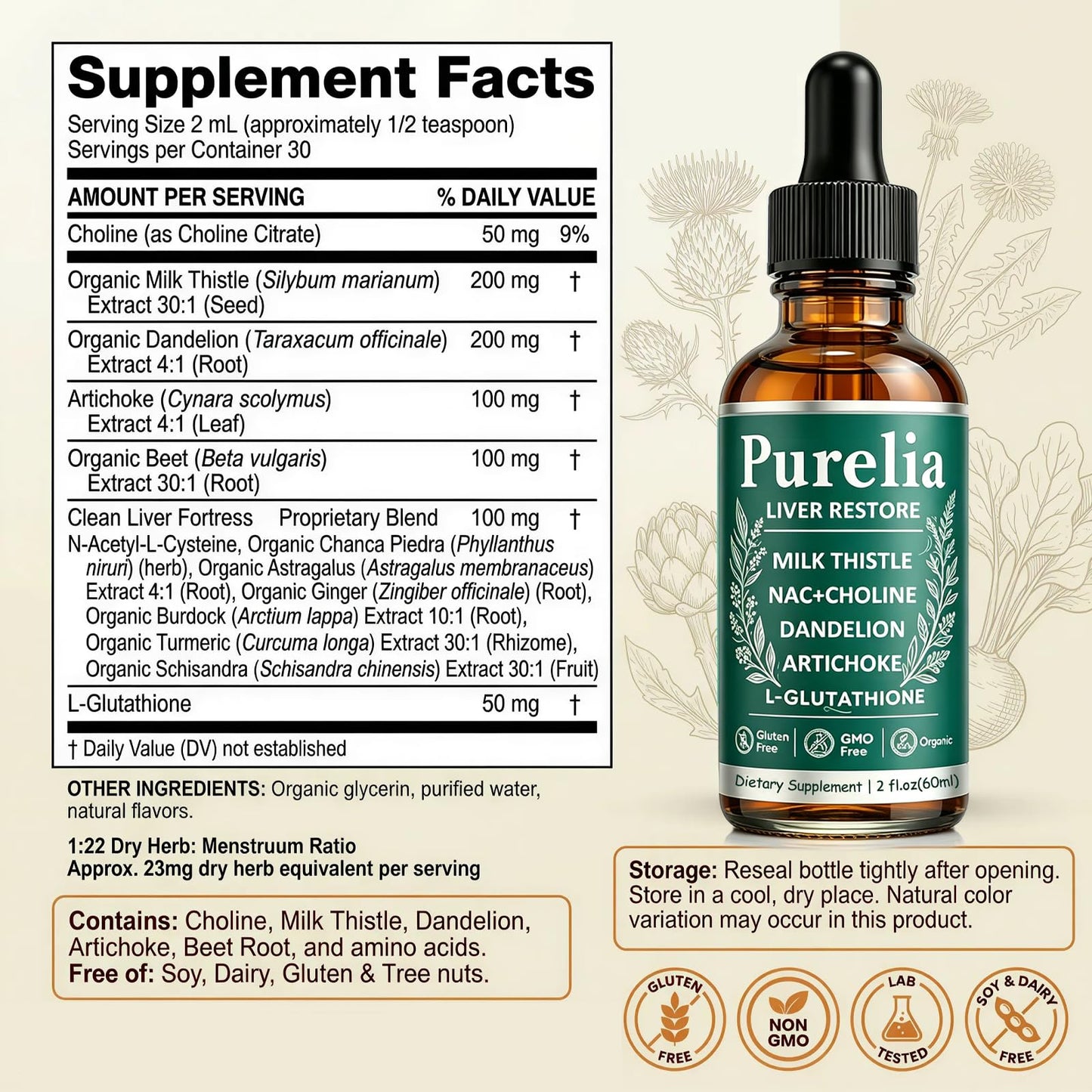 Purelia Liver Restore, 2.02FL OZ Liver Restore Drops, Complete Liver Support Supplement with Milk Thistle, Dandelion Root, L-Glutathione & Choline for Natural Balance & Liver Cleanse