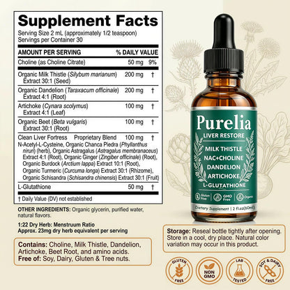 Purelia Liver Restore, 2.02FL OZ Liver Restore Drops, Complete Liver Support Supplement with Milk Thistle, Dandelion Root, L-Glutathione & Choline for Natural Balance & Liver Cleanse