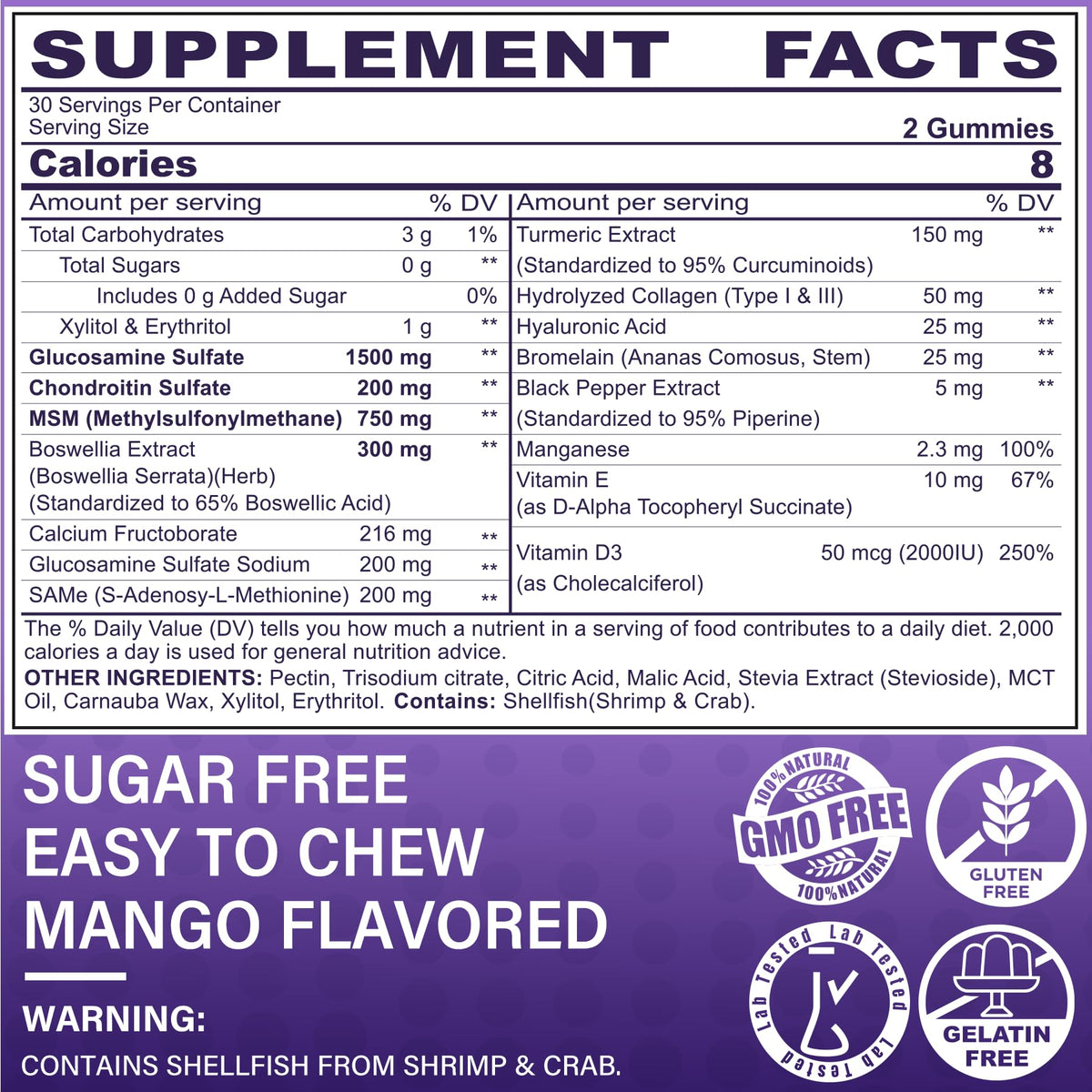 Glucosamine Chondroitin Gummies, Sugar Free Glucosamine Chondroitin MSM Supplement, Extra Strength with Boswellia Turmeric, Hydrolyzed Collagen & Hyaluronic Acid, Bone Health for Men & Women, 120 Cts