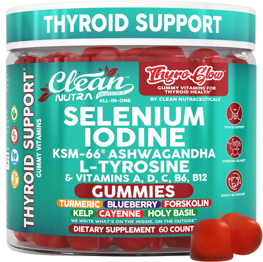 ThyroGlow Thyroid Support Gummies Selenium Iodine KSM 66 Ashwagandha L Tyrosine Vitamin D, C, B12, B6 Turmeric Blueberry Holy