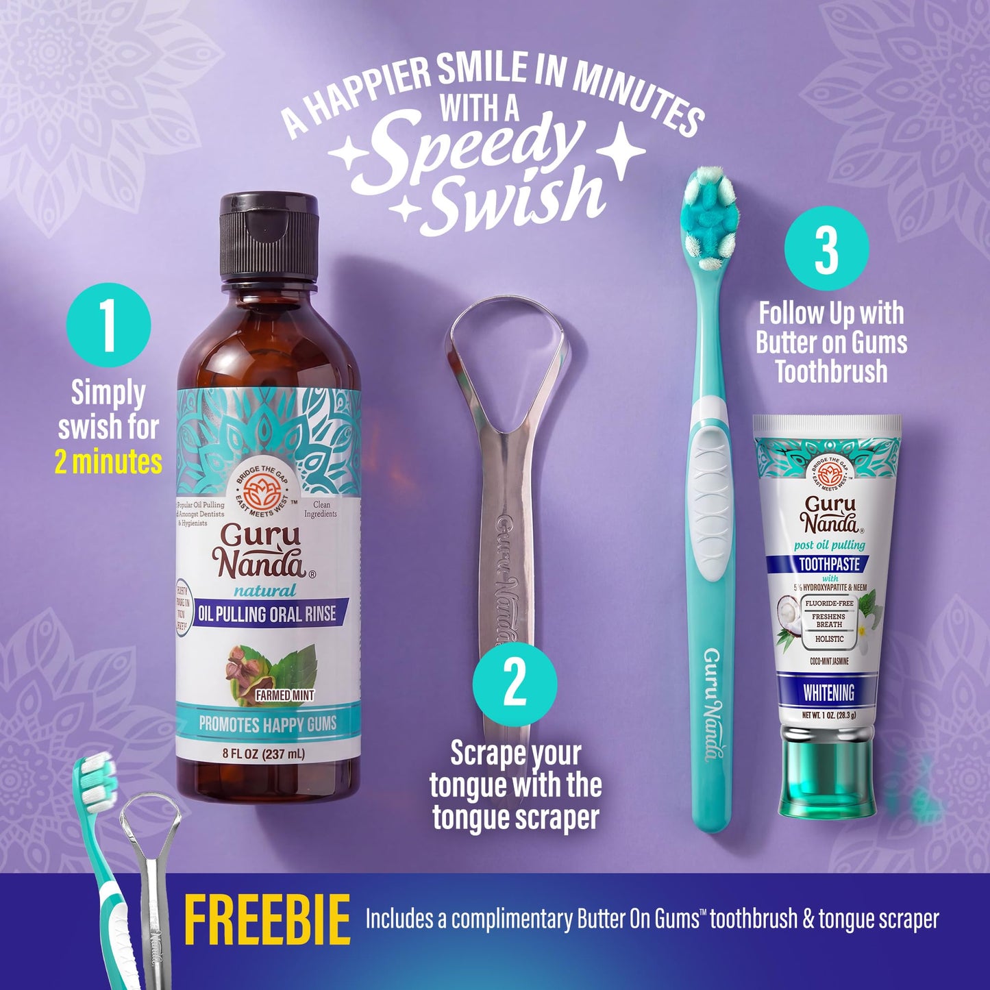GuruNanda CocoMint Oil Pulling Mouthwash for Complete Oral Hygiene, 7 Essential Oils & Vitamins for Happy Teeth & Gums & Fresh Breath with Toothbrush & Tongue Scraper
