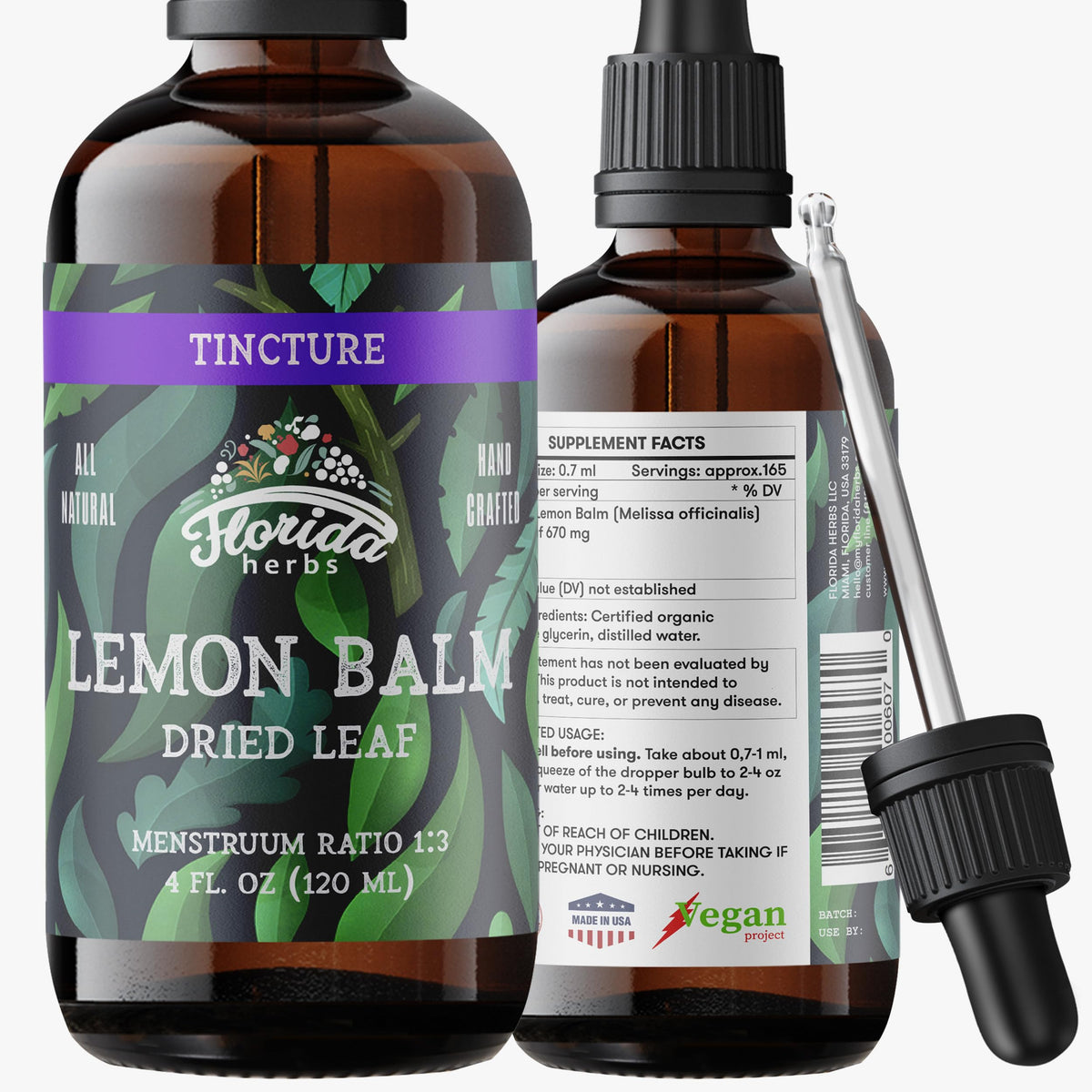 Lemon Balm Tincture 2 oz – Organic Herbal Extract | Alcohol Free | Vegan Herbal Drops