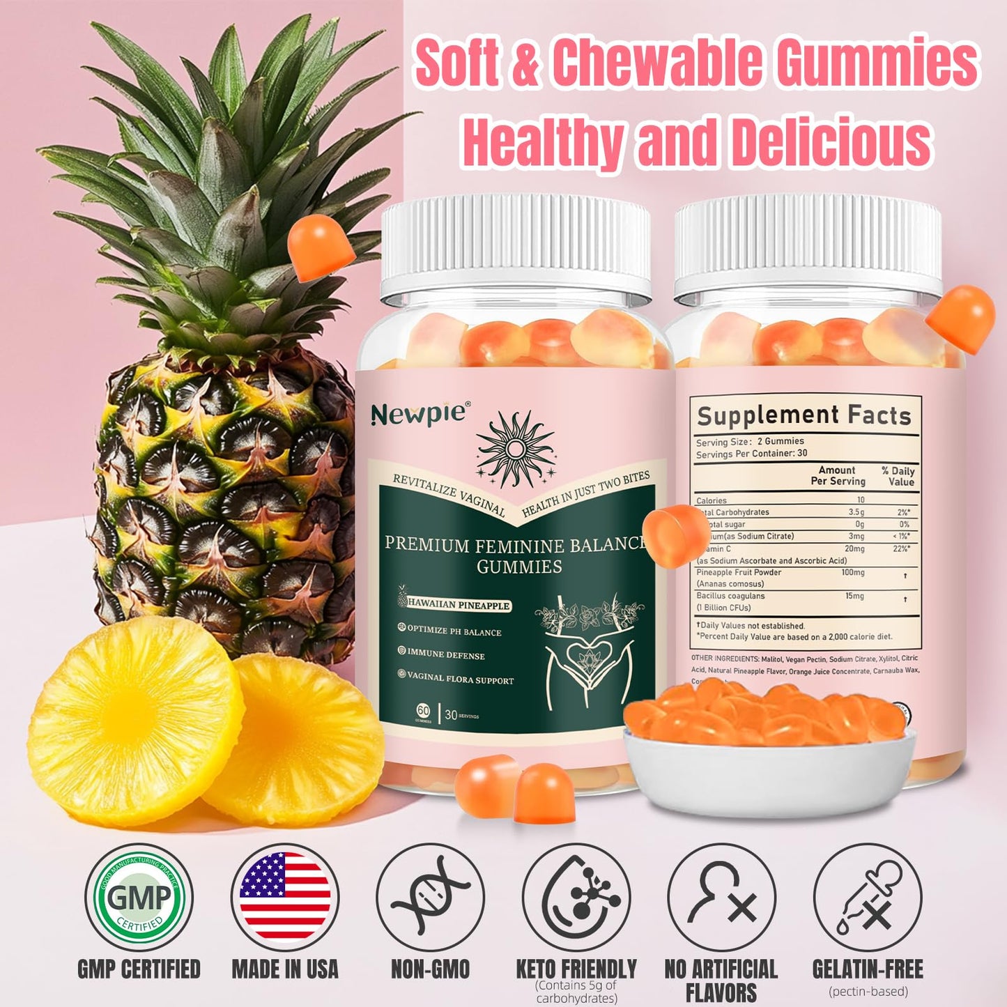 SUWENY Pineapple Gummies for Women ph Premium Feminine Balance Gummies for Women Health Immune Support Vegan, Gluten-Free & Halal-60 Gummies-30 Servings (1)