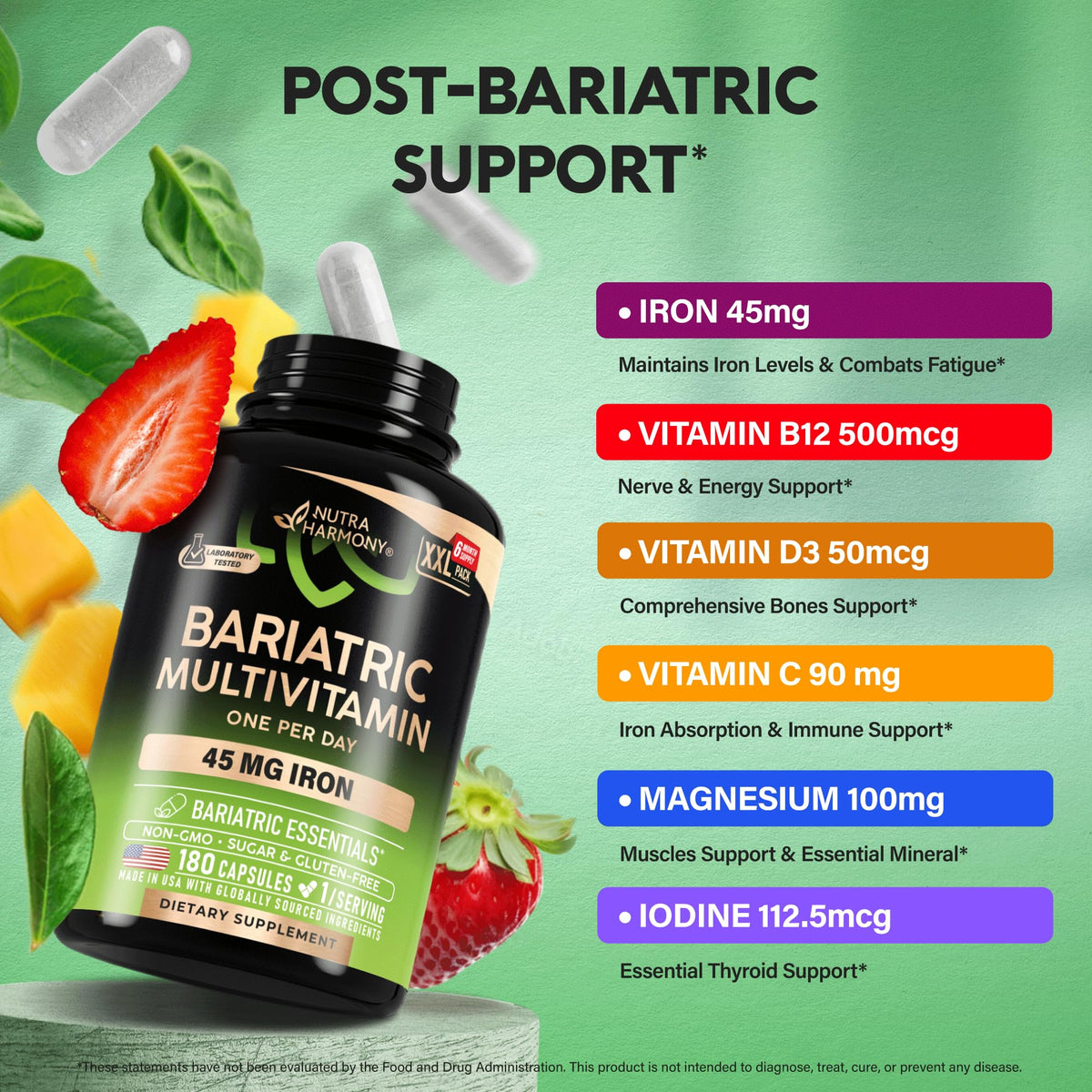 Bariatric Multivitamin - 45 mg Iron Supplements - Lab Tested - for Women & Men - All-in-One, 21 Essential Vitamins - Gastric Sleeve Support - Free of Sugar, Gluten & Soy - 90 Capsules, Once Daily