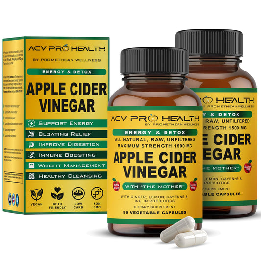 Promethean Wellness 2-PK (180 Count) ACV Pro Apple Cider Vinegar Capsules Certified Organic with Mother ACV Pills Detox Cleanse Acid Reflux Relief Support Supplement
