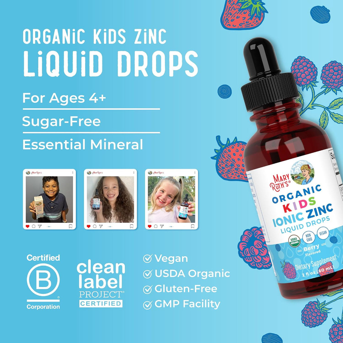 MaryRuth Organics Zinc Supplement for Immune Support, Immune Support Supplement for Kids, Ages 4-13, Zinc Sulfate, Vegan, USDA Organic, Glycerin Based, 2 Fl Oz