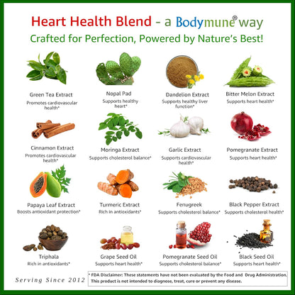 Bodymune Heart Health Blend Cholesterol Support – Organic Cardiovascular & Circulation Supplement – with Green Tea, Pomegranate & Black Seed Oil – 30Capsules – USDA Organic, Vegan