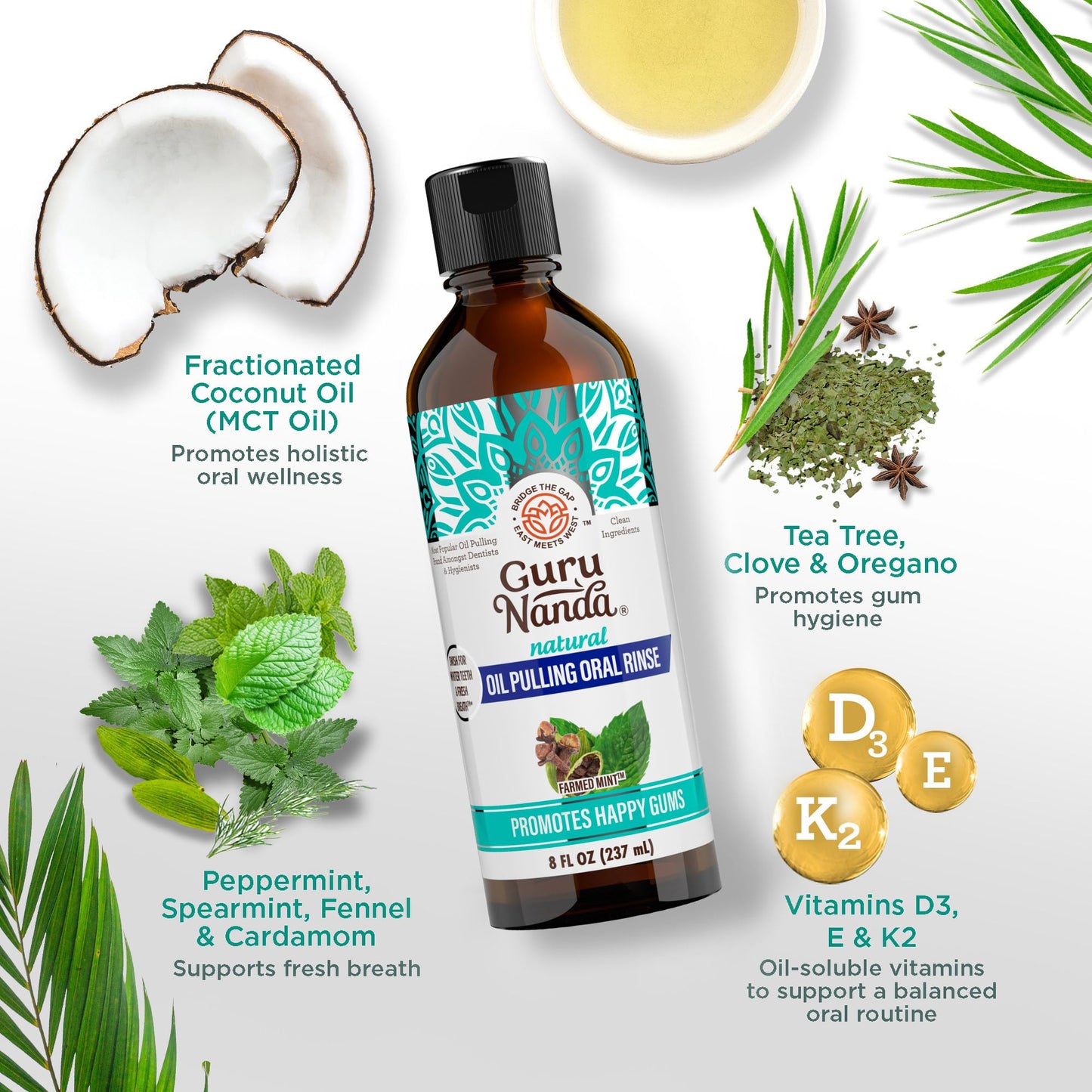 GuruNanda CocoMint Oil Pulling Mouthwash for Complete Oral Hygiene, 7 Essential Oils & Vitamins for Happy Teeth & Gums & Fresh Breath with Toothbrush & Tongue Scraper