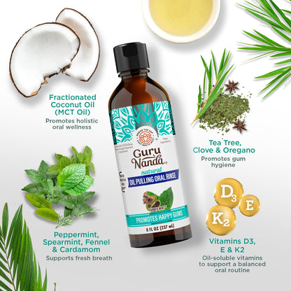 GuruNanda CocoMint Oil Pulling Mouthwash for Complete Oral Hygiene, 7 Essential Oils & Vitamins for Happy Teeth & Gums & Fresh Breath with Toothbrush & Tongue Scraper