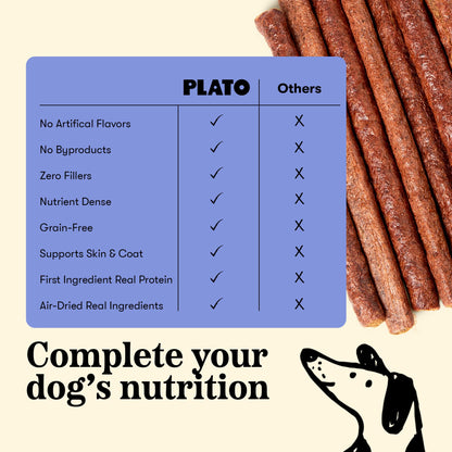 Plato Meat Sticks Salmon Dog Treats, Air-Dried High-Protein Soft Chews with Omega Fish Oil (EPA & DHA), 10 oz