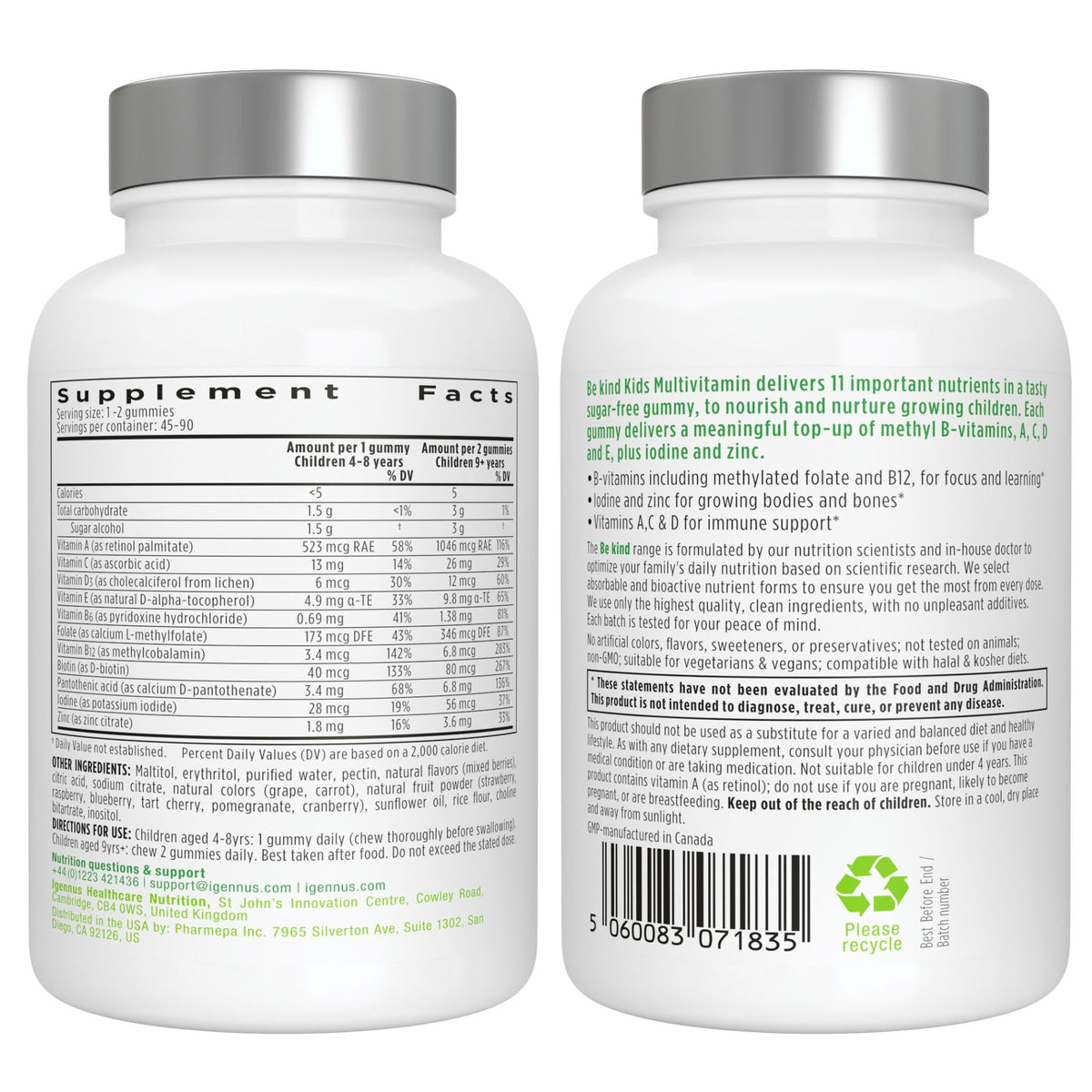 Igennus Methylated Kids Multivitamin Gummies, Age 4+, 90 Gummies | Clean Label & Third Party Tested, No Artificial Sweeteners or Flavors, Sugar Free, Natural Berry Flavor, Non-GMO, Halal