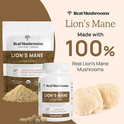 Real Mushrooms Lions Mane (120ct) and Cordyceps (120ct) Capsules Bundle - Mushroom Supplement for Cognition, Energy and Endurance