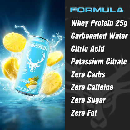 Bucked Up Lightly Carbonated Protein Soda | 25g Whey Isolate - Zero Sugar, Low Calorie, Caffeine Free, Clean Drink | Sparkling Protein Soda - 12 Pack, 16 oz Cans (Banana Pineapple)