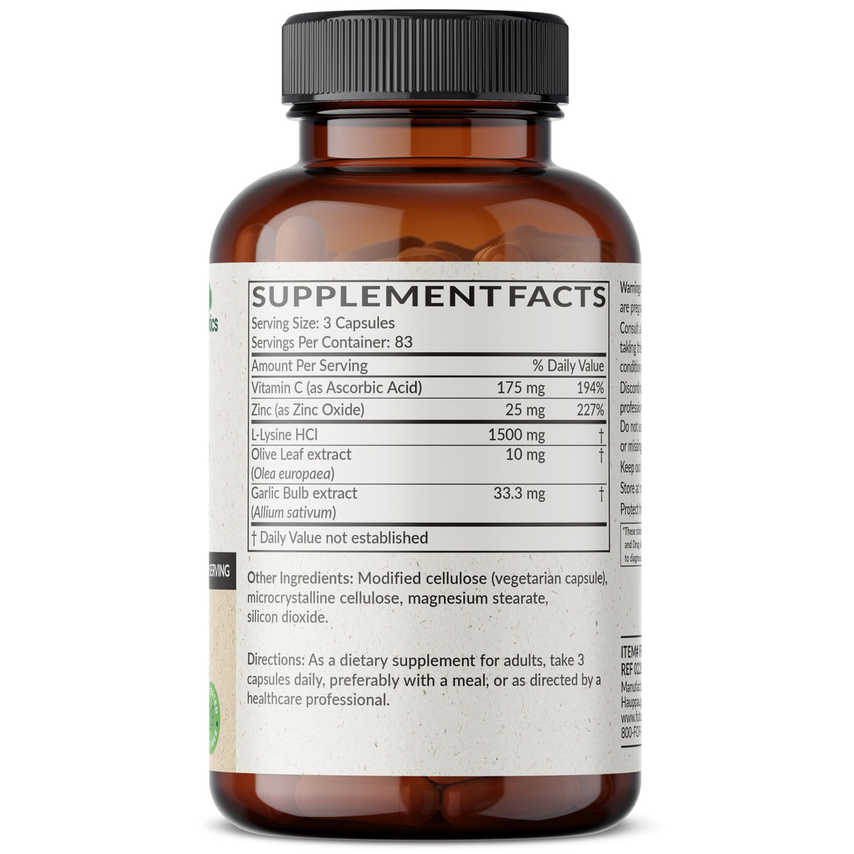 Futurebiotics L-Lysine Defense Immune Support Complex 1500 MG Per Serving with Vitamin C, Zinc, Olive Leaf & Garlic - Non-GMO, 90 Vegetarian Capsules