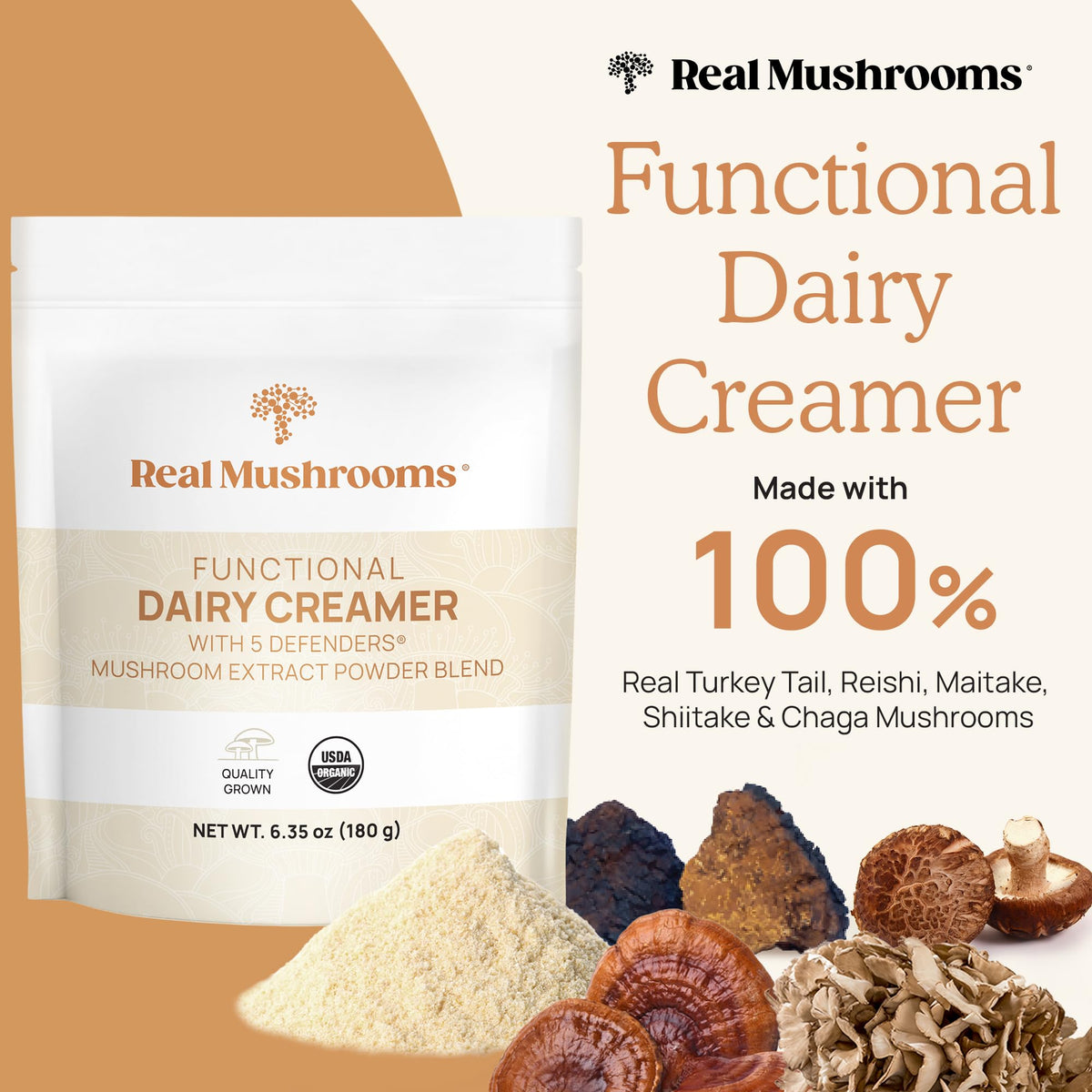 Real Mushrooms Functional Coconut Creamer with Reishi, Lucuma & Ceylon Cinnamon – Organic, Dairy-Free – Vegan Coffee Creamer for Smoothies & Drinks – 90 Servings Organic Cream Coconut Powder