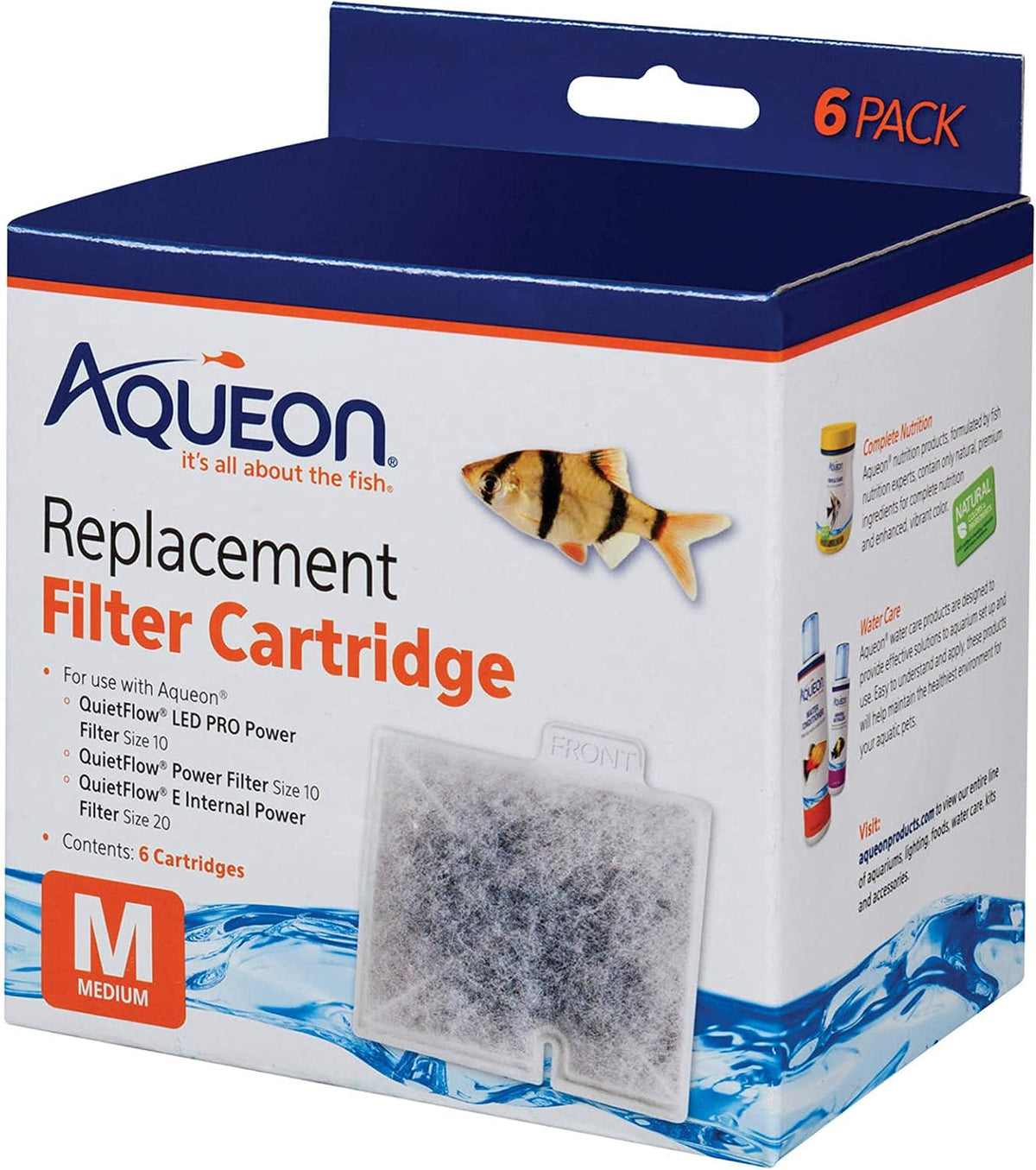Aqueon Replacement Filter Cartridges Medium, Filter Cartridge, 6-Pack | Fish tank filter cartridge, dual-sided dense-floss with activated carbon, fits QuietFlow size 10 filters
