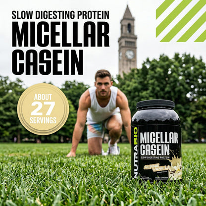 NutraBio Casein Protein Powder, Micellar Casien Powder, 25g Slow Digesting Protein, Helps Keep You Full, Overnight Muscle Recovery & Growth, BCAA & EAA, Gluten Free, Soy Free, 2lb Strawberry Ice Cream