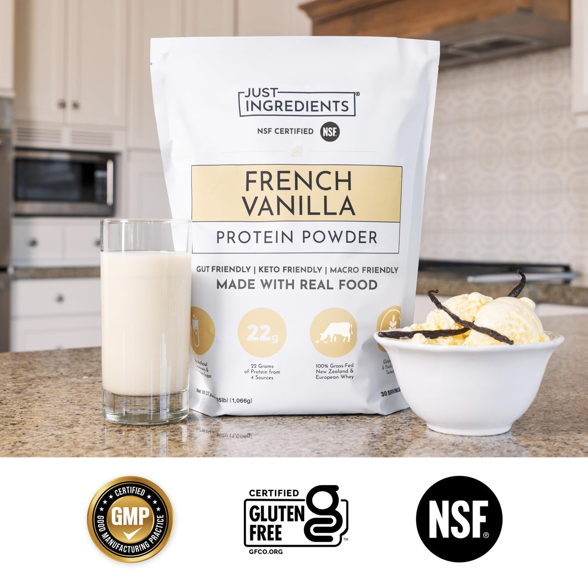 JUST INGREDIENTS Vanilla Bean Protein Powder – 20-Serving Blend with 100% Grass-Fed Whey & Organic Plant Proteins – Real Vanilla Bean & Cinnamon – Supports Muscle Recovery, Energy*