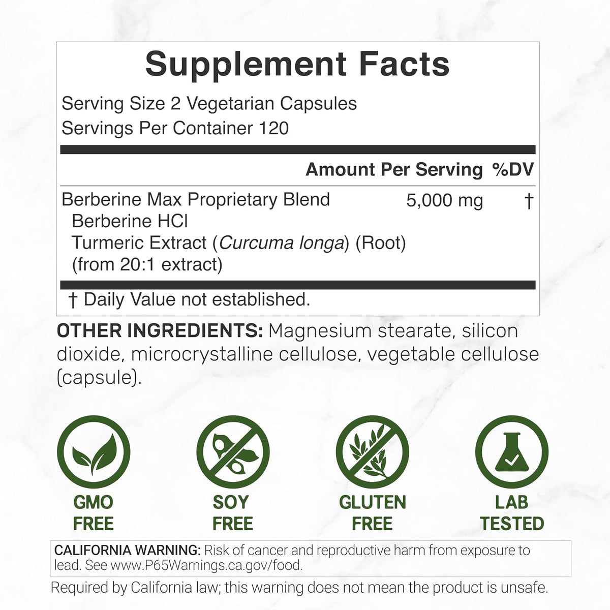 DEAL SUPPLEMENT Berberine Max Supplement with Turmeric, 5000 mg** Per Serving, 240 Vegetarian Capsules | Berberine HCl with Turmeric Root Extract | Non-GMO