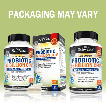 Probiotic 65 Billion - Probiotics with Prebiotic for Women & Men - Lactobacillus Acidophilus Digestive Health Capsules - Targeted Release Technology - Shelf Stable Supplement Non-GMO Dairy Free-30ct