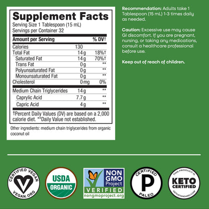 Nature's Way Organic MCT Oil, Brain and Body Fuel*, Liquid Coconut MCT Oil with C8 Caprylic & C10 Capric Acids, 14 g Medium Chain Triglycerides per Serving,