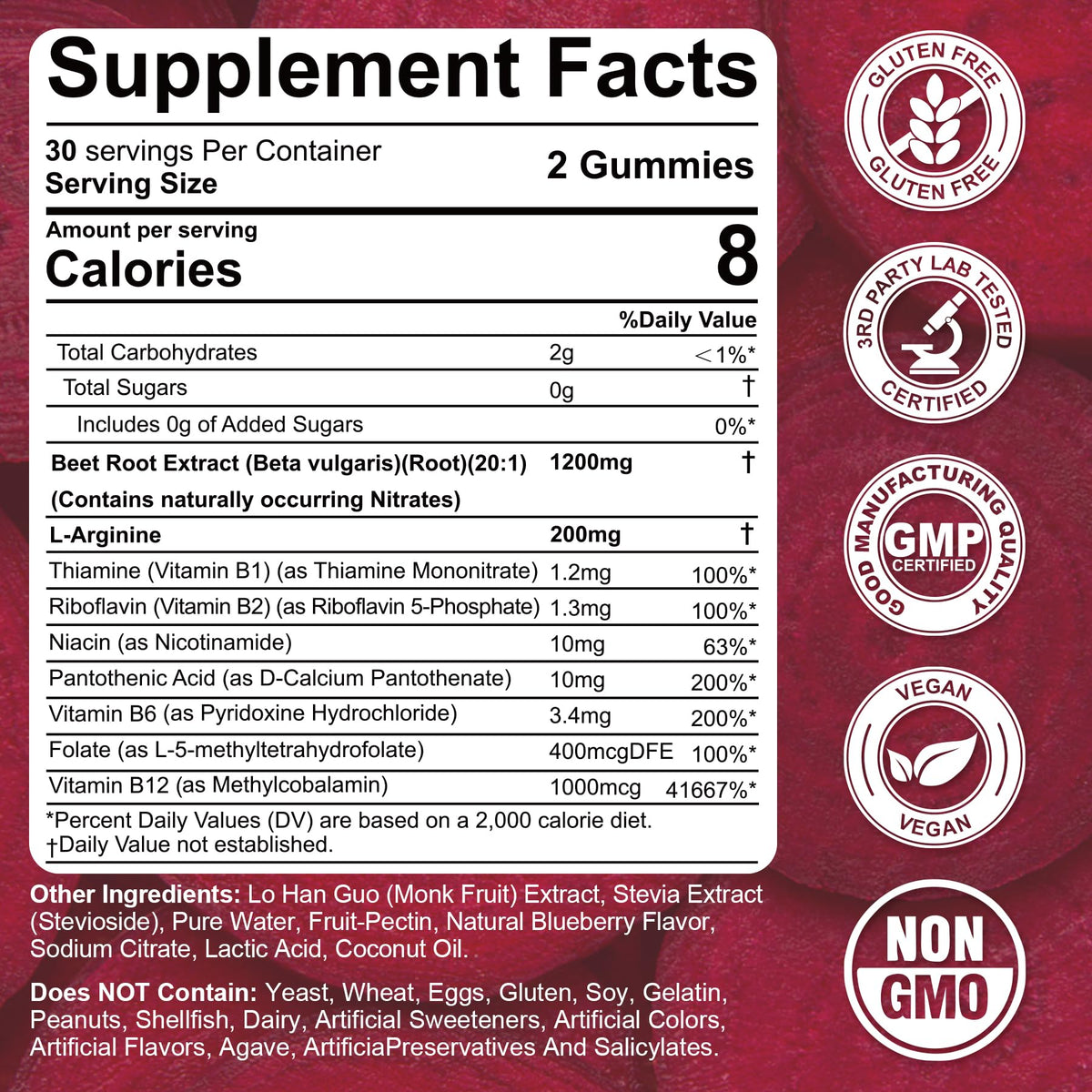 Beet Root Gummies, 9 IN 1 Nitric Oxide Supplements for Men & Women w/ L-Arginine, B1, B2, B3, B5, B6, Folate, B12, Sugar Free Beetroot Gummies for Energy Boost & Circulation, 120 Beet Chews, Vegan