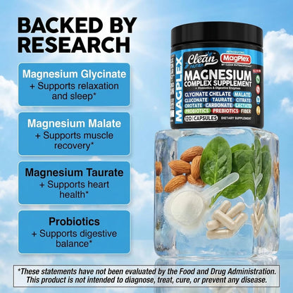 8in1 Magnesium Supplement Complex | Magnesium Glycinate Citrate Malate Gluconate Orotate Carbonate Lactate + Prebiotics Probiotics Digestive Enzymes Magnesio Capsules for Women Men By Clean Nutra