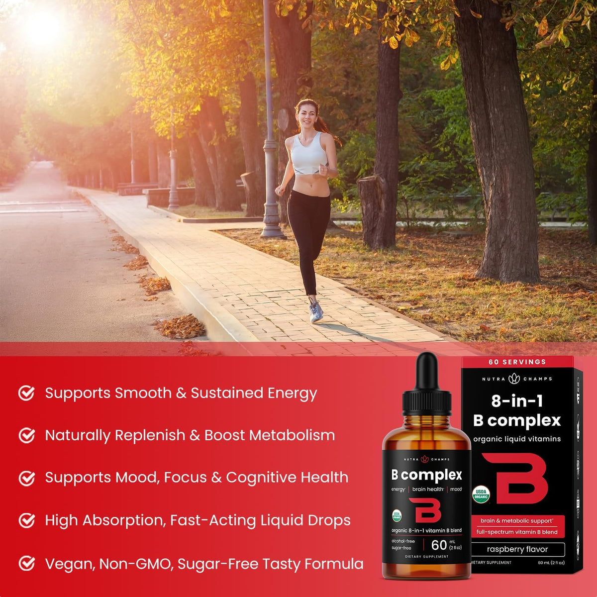USDA Organic Vitamin B Complex Liquid Drops Sublingual B12 Methylcobalamin | B1, B2, B3, B5, B6, B7, B9 | Methylated B Vitamins Complex for Women & Men | Biotin, Niacinamide, Folate & Folic Acid, 2oz