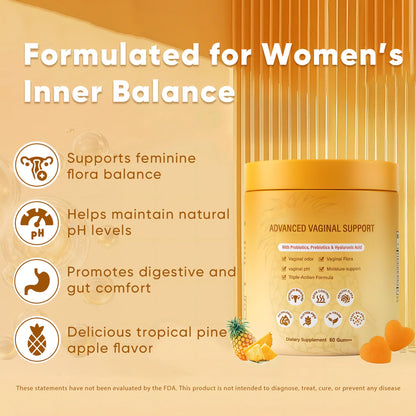 NEWUREHO Probiotic Pineapple Gummies, Hawaiian Pineapple Feminine PH Balance Gummies, Supports Female Vitality and Gut Health 60 Gummies