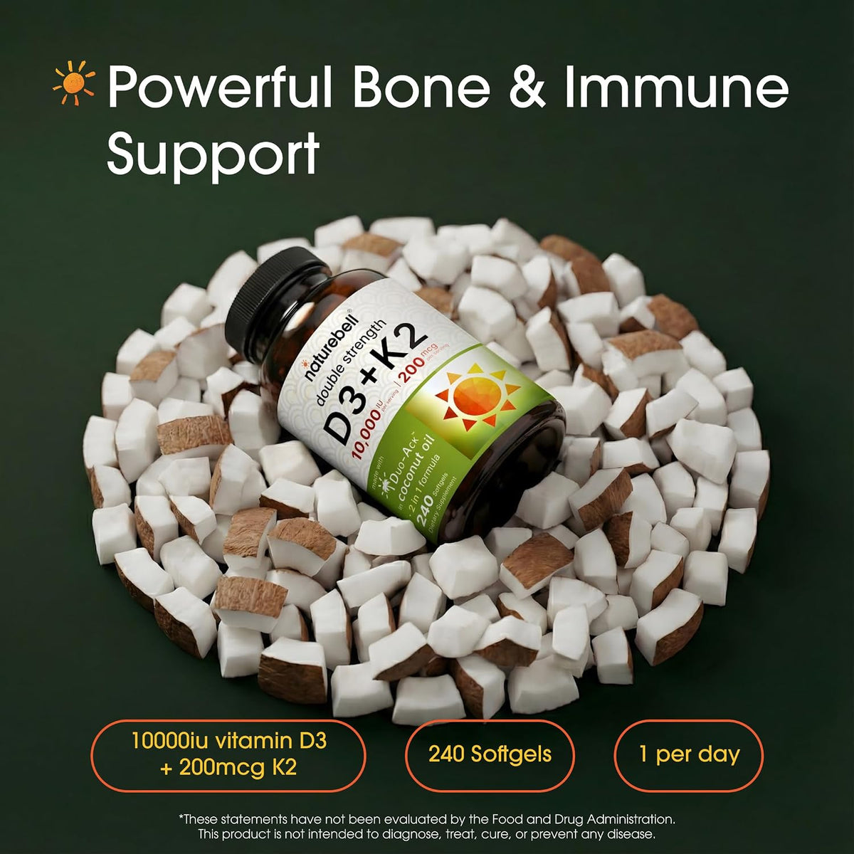 NatureBell Vitamin Double Strength D3 + K2-240 Softgels - 10,000 IU Vitamin D & 200mcg K2 - Bone Strength, Immune Function & Calcium Absorption Support* - Coconut Oil Infused