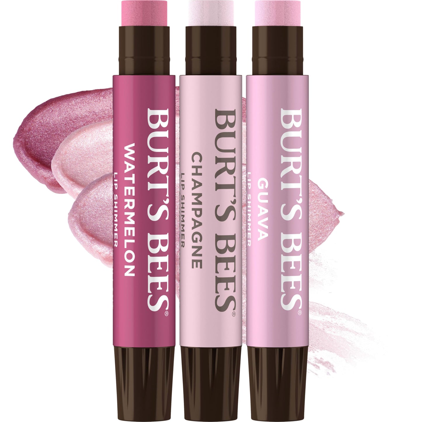 Burt's Bees Lip Shimmer Pink Collection, Tinted Lip Balm Stick, Moisturizing for All Day Hydration with Natural Glowy Pigmented Finish & Buildable Color, 3 Shades, Value Pack, 0.09 oz., Three Tubes