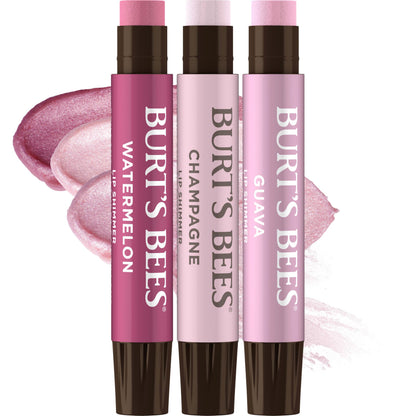 Burt's Bees Lip Shimmer Pink Collection, Tinted Lip Balm Stick, Moisturizing for All Day Hydration with Natural Glowy Pigmented Finish & Buildable Color, 3 Shades, Value Pack, 0.09 oz., Three Tubes
