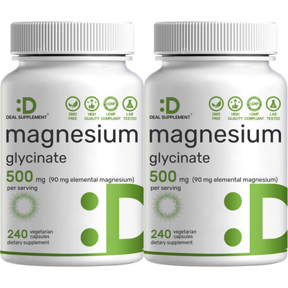 Deal Supplement Magnesium Glycinate 500mg Per Serving, 240 Veggie Capsules | 100% Chelated Magnesium Glycinate, Essential Mineral Supplement for Women & Men. Non-GMO, Gluten Free.