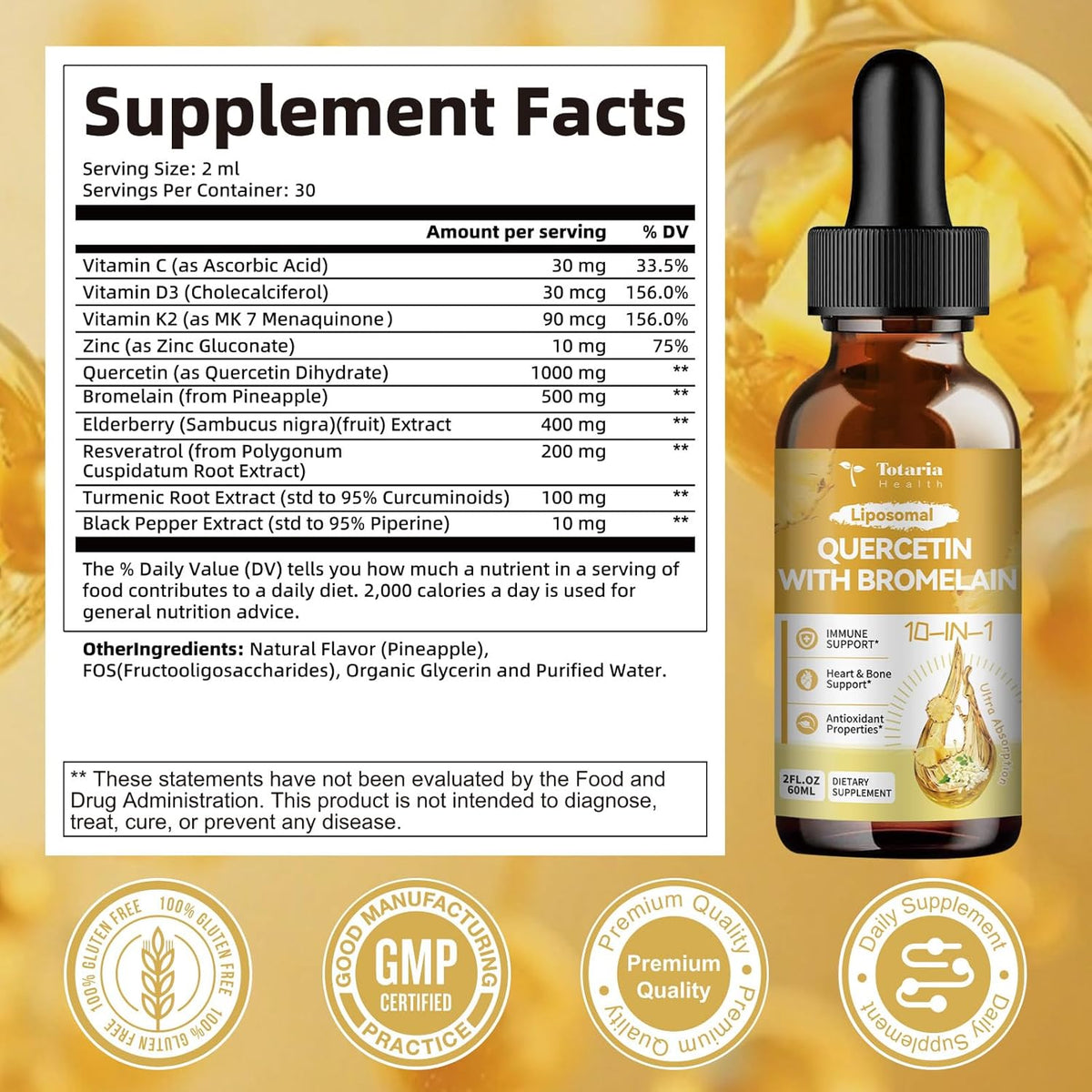 Totaria Liposomal Quercetin with Bromelain Liquid Drops - High Absorption Quercetin 1000mg & Bromelain 500mg Plus Elderberry,Vitamin C,Zinc for Immune & Antioxidant & Heart & Bone Support- 2 Fl Oz