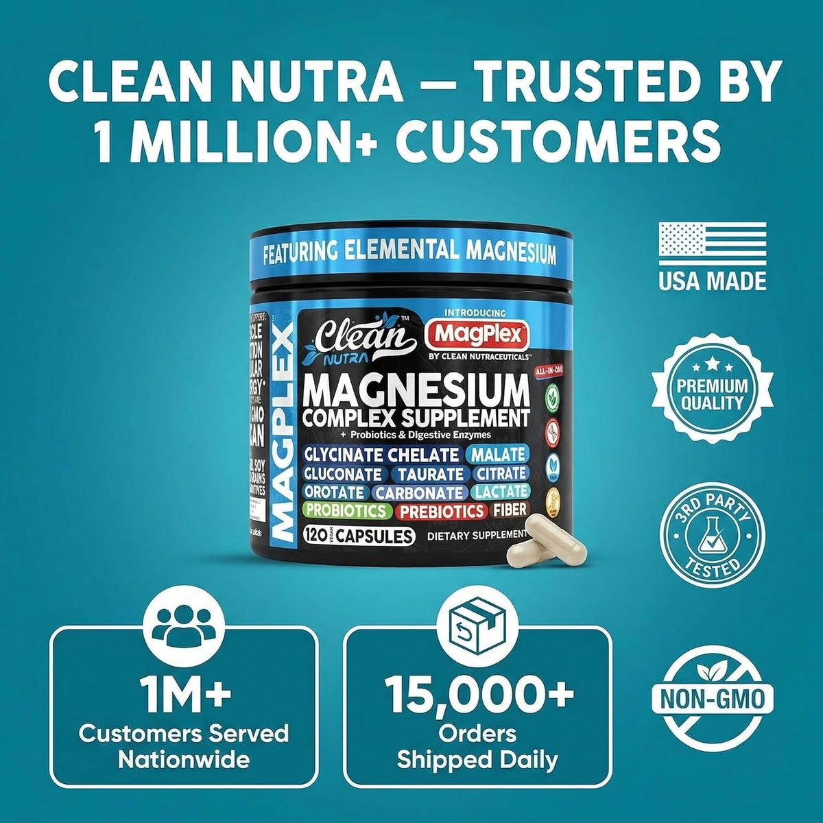 8in1 Magnesium Supplement Complex | Magnesium Glycinate Citrate Malate Gluconate Orotate Carbonate Lactate + Prebiotics Probiotics Digestive Enzymes Magnesio Capsules for Women Men By Clean Nutra