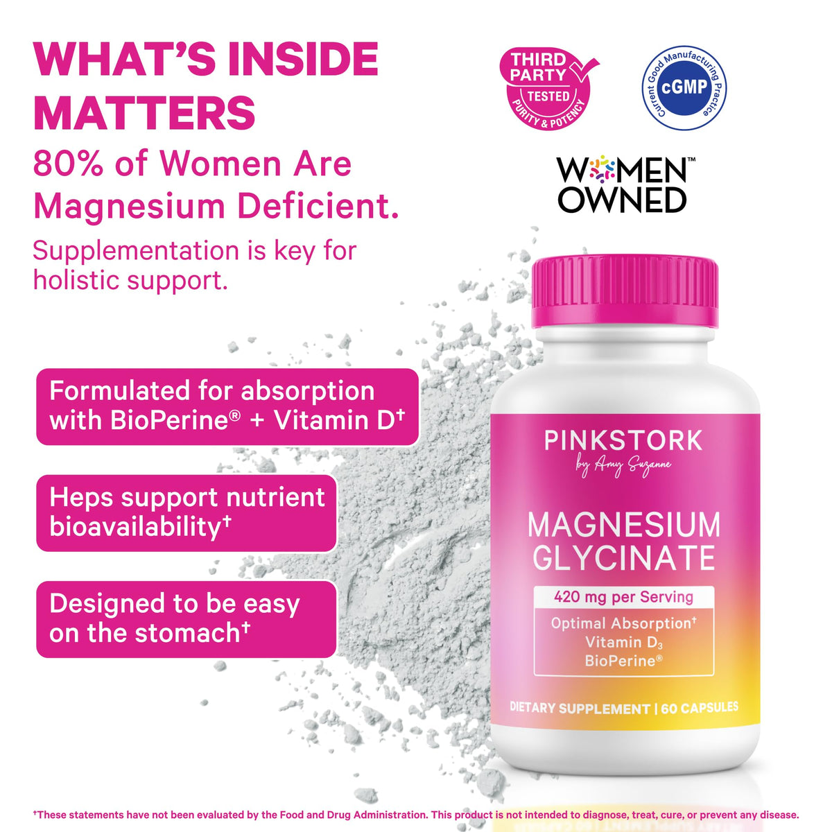 Pink Stork Magnesium Glycinate with Vitamin D, 60 Capsules | Magnesium Supplement for Women, Supports Natural Calm, Mood, and Sleep, Hormone Balance for Women, 1 month supply