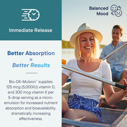 BIOTICS RESEARCH Bio-DK-Mulsion™–Emulsified Liquid Vitamin D and K, D3 Drops 125 mcg & Vitamin K (K1, K2) 300 mcg MK-7–Supports Stronger Bones, Musculoskeletal Strength, Healthy Heart & BMI 1 fl oz