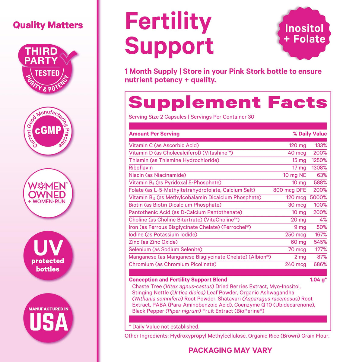 Pink Stork Fertility Supplements for Women, 60 Capsules | 2-in-1 Conception Support + Prenatal, Inositol, Folate + CoQ10, Cycle Regularity, Hormone Balance, Reproductive Wellness