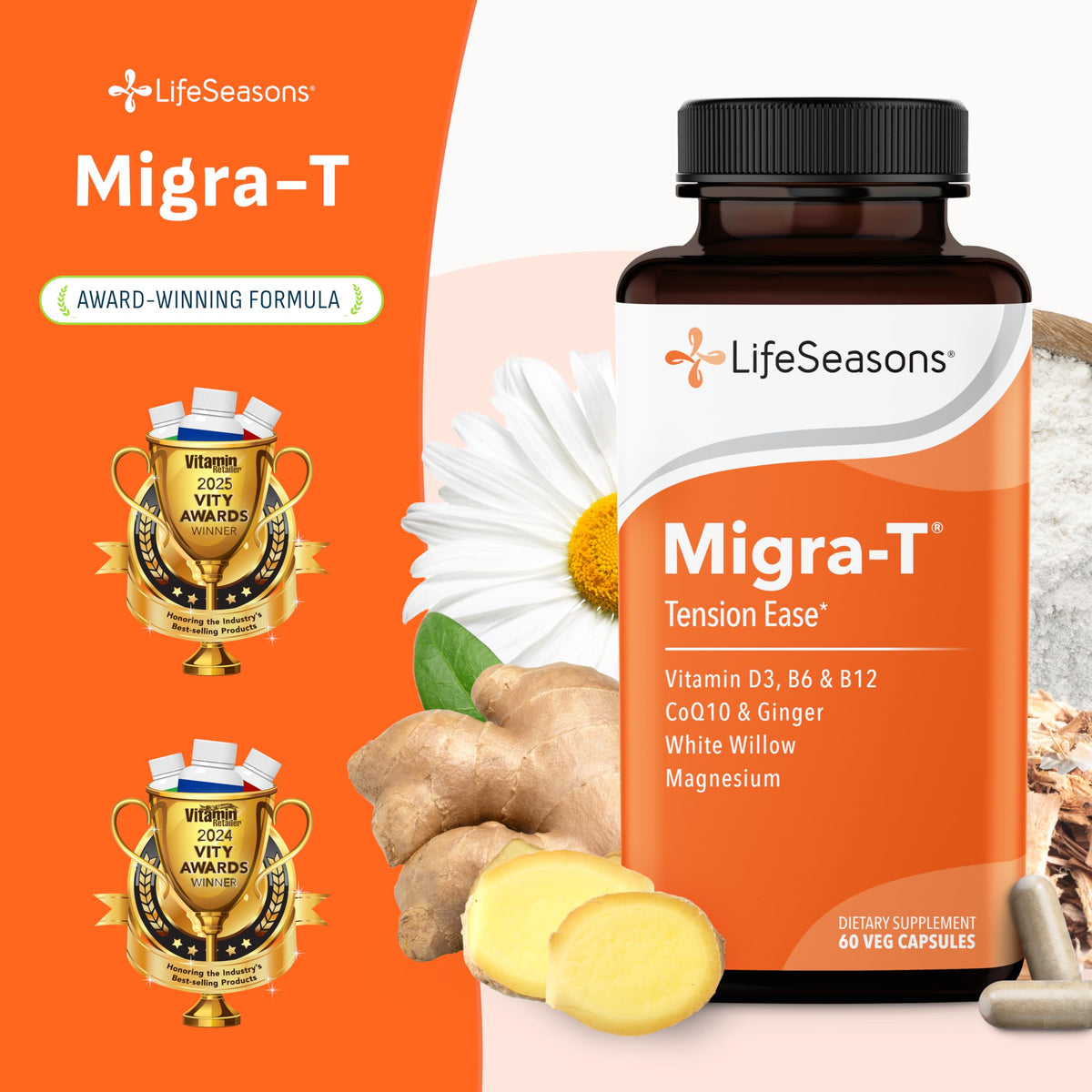 LifeSeasons Migra-T Tension Ease – Headache & Migraine Support Supplement with Feverfew, White Willow, Magnesium, CoQ10 & Ginger – Tension, Light Sensitivity & Nervous System Balance - 90 Capsules