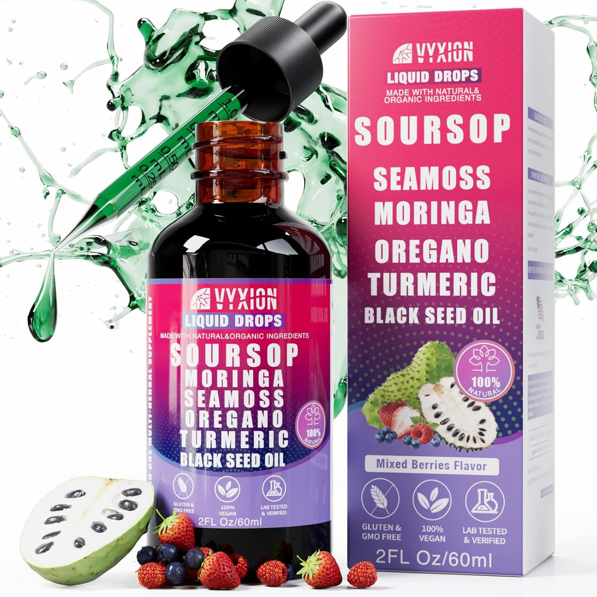 Soursop Bitters Liquid Drops 10 in 1 with Sea Moss, Moringa, Turmeric, Black Seed Oil, Oregano, Ashwagandha | Herbal Extracts for Overall Health-Enhancing |Vegan, Non-GMO| 2 Fl Oz(Mixed Berry Flavor)