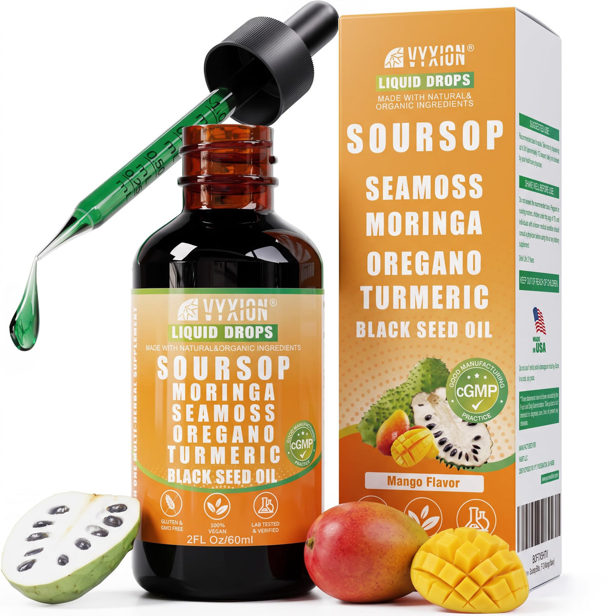 Soursop Bitters Liquid Drops 10 in 1 with Sea Moss, Moringa, Turmeric, Black Seed Oil, Oregano, Ashwagandha | Herbal Extracts for Overall Health-Enhancing |Vegan, Non-GMO| 2 Fl Oz(Mixed Berry Flavor)