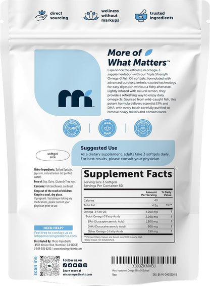 Micro Ingredients Triple Strength Omega-3 Fish Oil 4,200 mg Per Serving | EPA 1200mg + DHA 900mg Per Serving, Wild Caught Fish Source, Lemon-Flavored, 240 Softgels, Burpless, No Fishy Aftertaste.