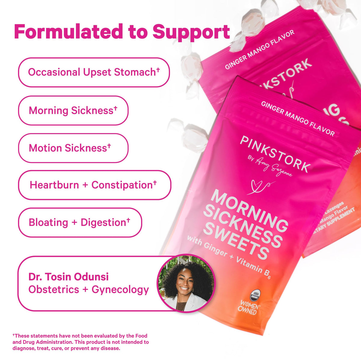 Pink Stork Morning Sickness Sweets Organic Raspberry Ginger, 30 Count | USDA Organic Ginger + Vitamin B6, Motion Sickness Support, Digestive Comfort + Heartburn Support, 30 Wrapped Drops