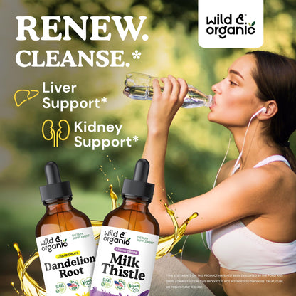 Wild & Organic Dandelion Root Tincture & Milk Thistle Tincture 4 fl oz - Liver Cleanse Detox Support - Dandelion Root Extract Drops - Milk Thistle Supplement - No Sugar & Alcohol