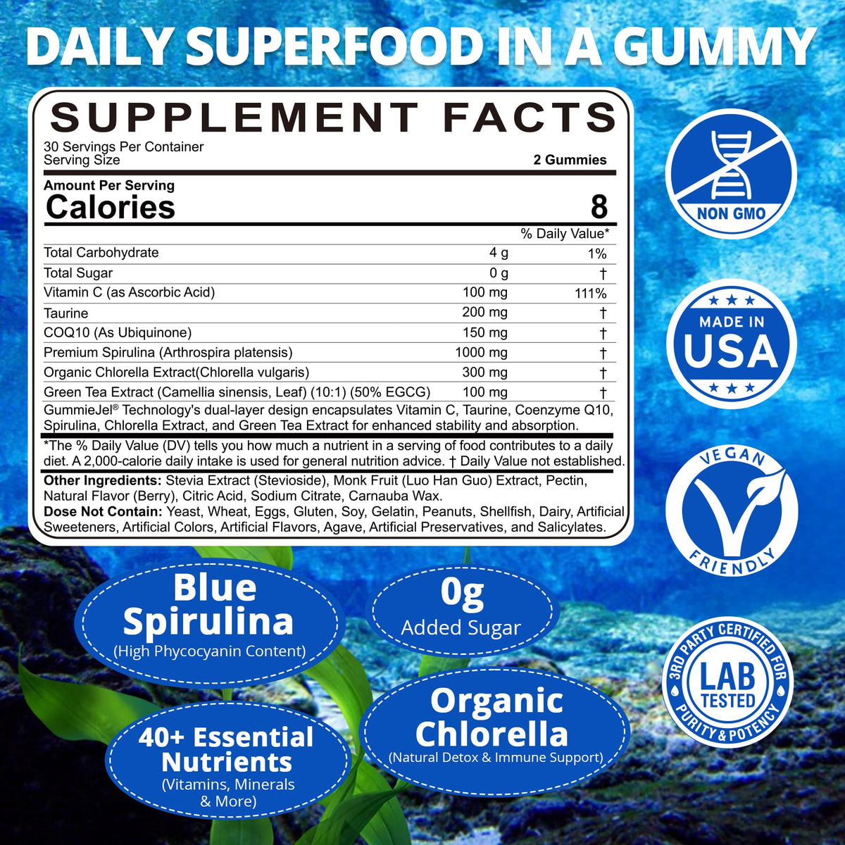 Organic Blue Spirulina Gummies, High Phycocyanin from Nutrient-Rich Blue-Green Algae for Antioxidants, Cellular Energy & Cleanse, Superfood w/Chlorella, CoQ10 & VC,Taurine,Green Tea, Sugar Free, 60 Ct