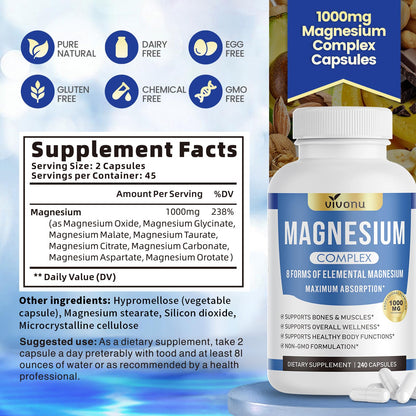 1000mg Magnesium Complex for Women & Men*, 8 Elemental with Magnesium Glycinate, Citrate, Malate, Taurate, Oxide, Carbonate, Aspartate, Orotate for Bones, Muscle, Recovery, Energy, Vegan, 90 Capsules VivoNu buy supplements Au