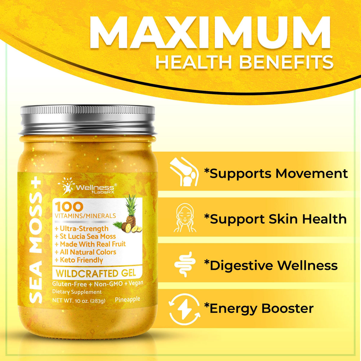 WELLNESS LABSRX Irish Sea Moss Gel Raw - Wildcrafted Superfood Seamoss Gel - Pineapple Mango Flavor, Vitamin and Mineral-Rich from Pristine Caribbean Waters - 10 oz.