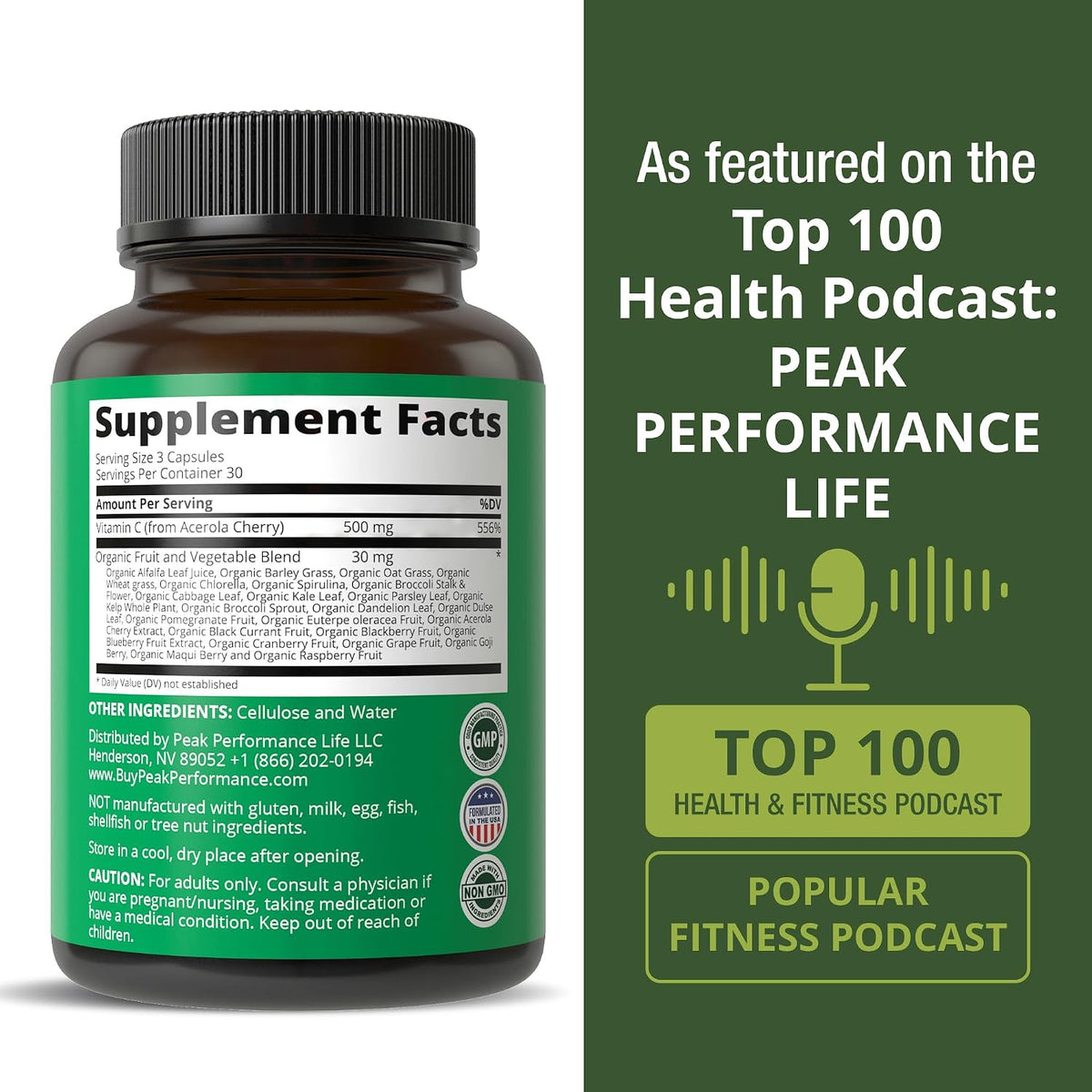 Peak Performance Raw Whole Food Natural Vitamin C Capsules from Acerola Cherry for Max Absorption. Vegan USA Sourced Vitamin C Supplement 90 Pills. 500 mg Serving or 2 Servings 1000mg