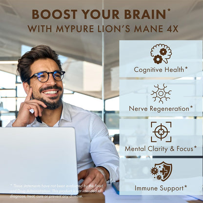 PURE ESSENCE LABS MyPure Lion's Mane 4X - Ultra Strength Brain Support Supplement for Cognitive Health, Focus, Memory & Mental Clarity, 60 Capsules