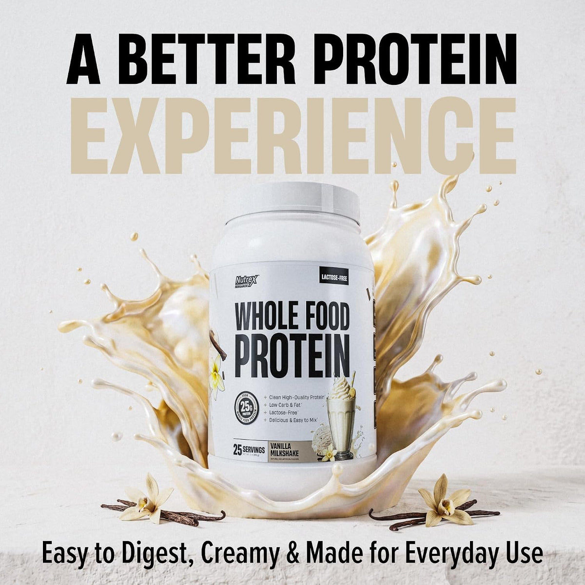 Whole Food Protein Powder - 25g Protein per Scoop, Lactose Free Protein with Beef Isolate, Collagen, Pea, Brown Rice, Chicken & Egg Protein, 0G Sugar, Keto Friendly, Vanilla Milkshake 25 Serv